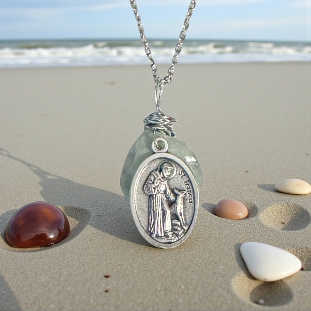 NWT OOAK Handmade Surf Tumbled Sea Glass & St Francis of Assisi Pendant Necklace